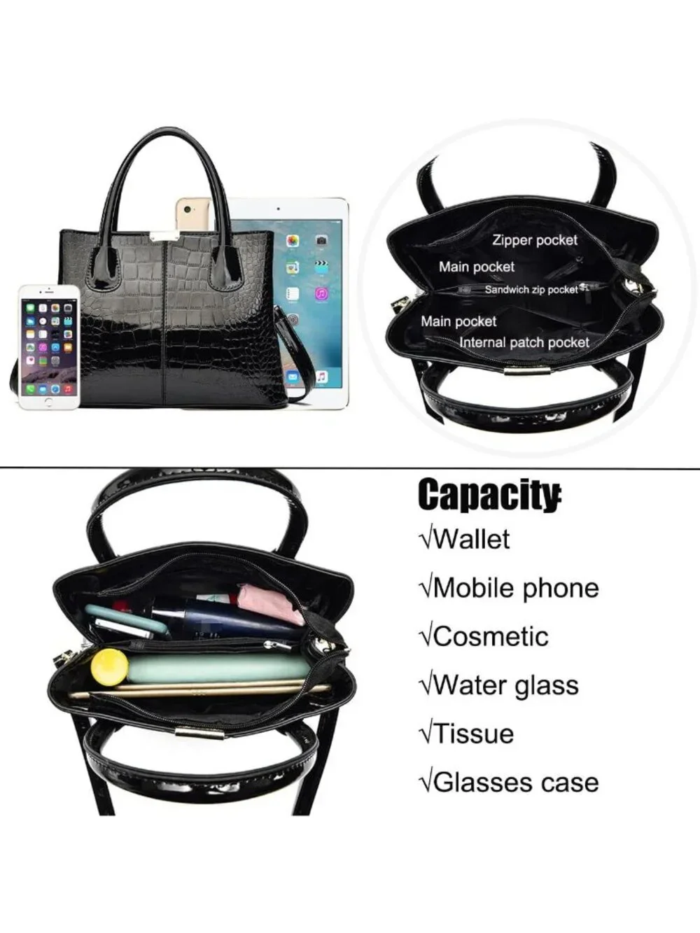 Stylish Patent Leather Crocodile Pattern Shoulder Bag & Tote for Women